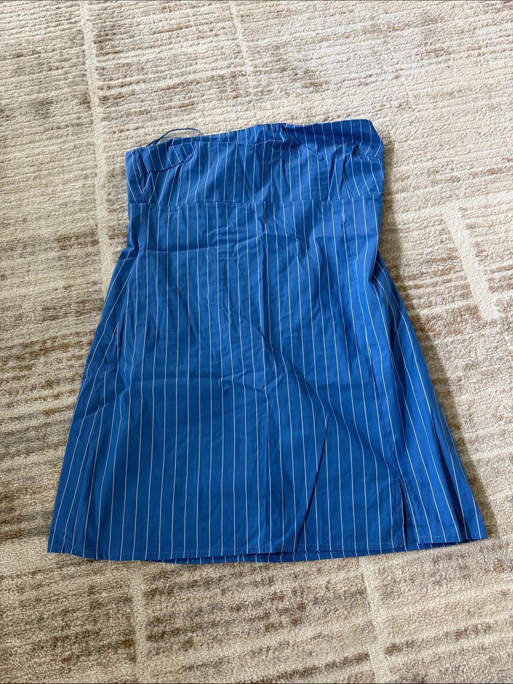Blue Pinstripe Strapless Dress